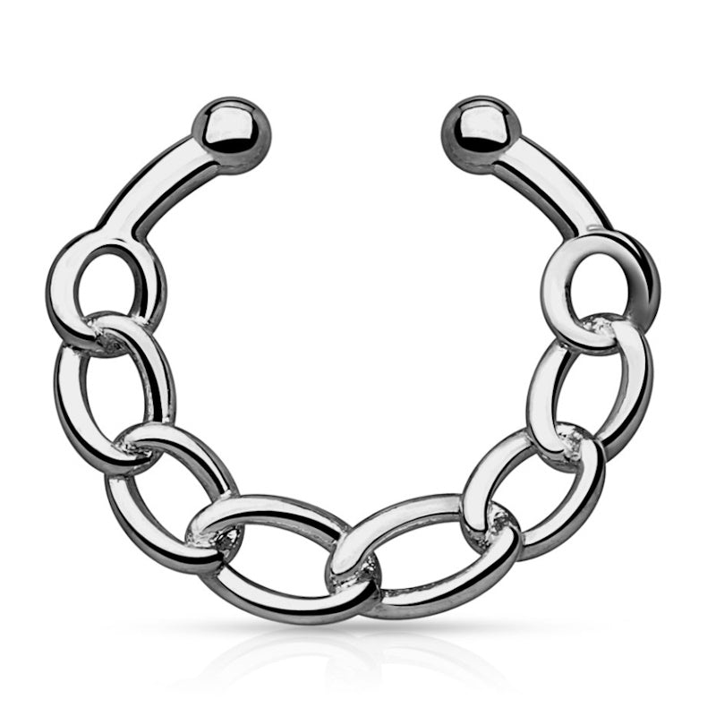 A fake septum nose ring crafted from brass and hematite in a chain link design pictured against a white background.