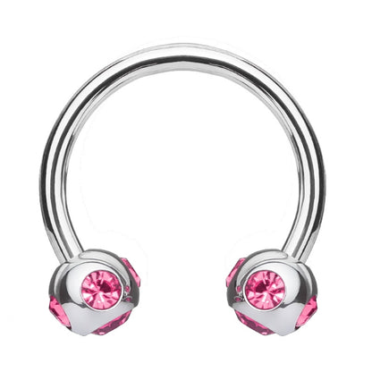Gem Septum Ring 16 Gauge 316L Surgical Steel Circular Barbell Pink Gems on white background.