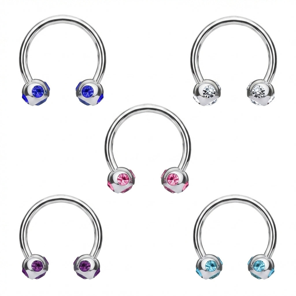 Gem Septum Ring 16 Gauge 316L Surgical Steel Circular Barbell In Blue, Clear, Pink, Purple, Aqua pictured on a white background.