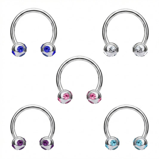 Gem Septum Ring 16 Gauge 316L Surgical Steel Circular Barbell In Blue, Clear, Pink, Purple, Aqua pictured on a white background.