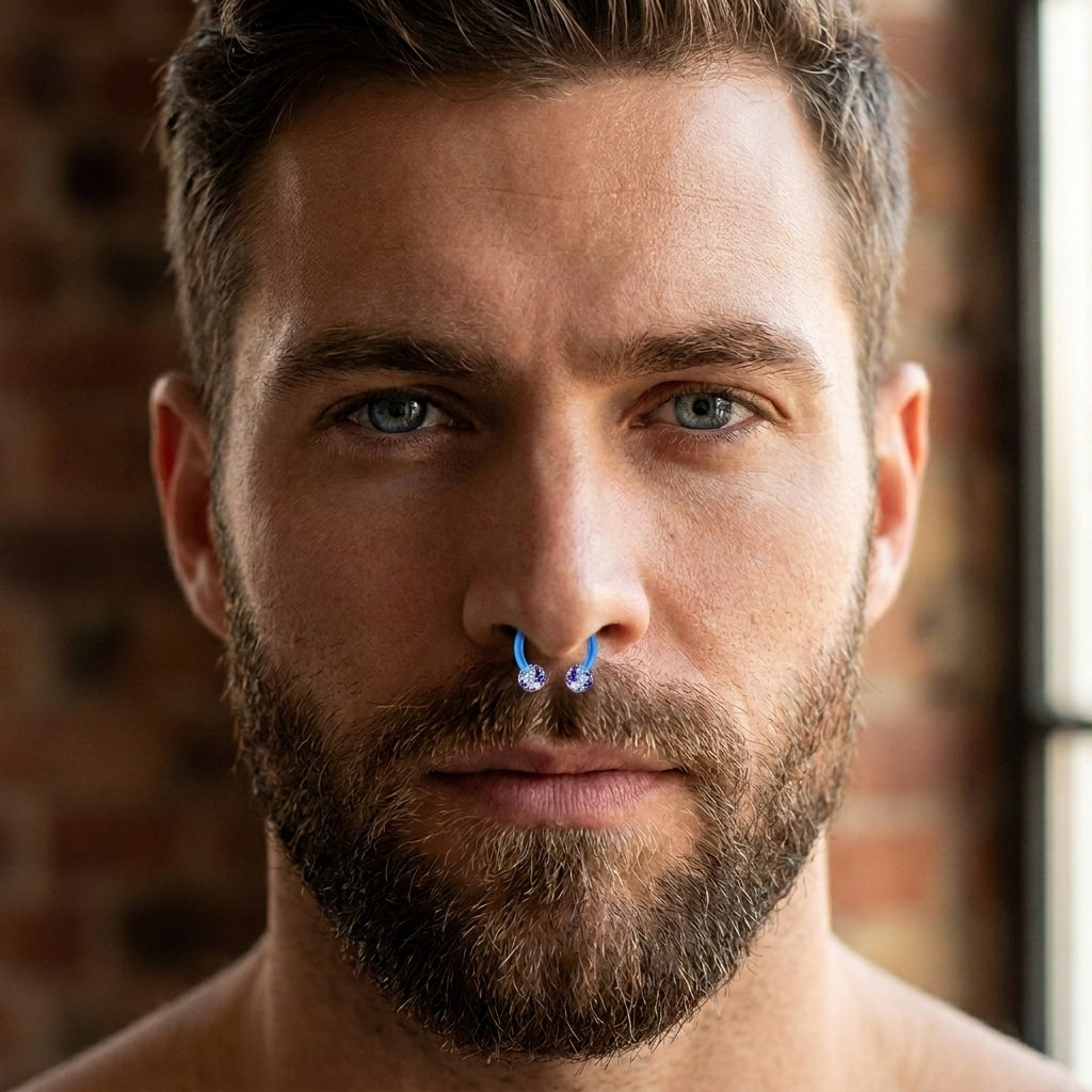 Acrylic Horseshoe Septum Ring 16G with Glitter Balls Circular Barbell in Blue in the septum piercing of a male model.