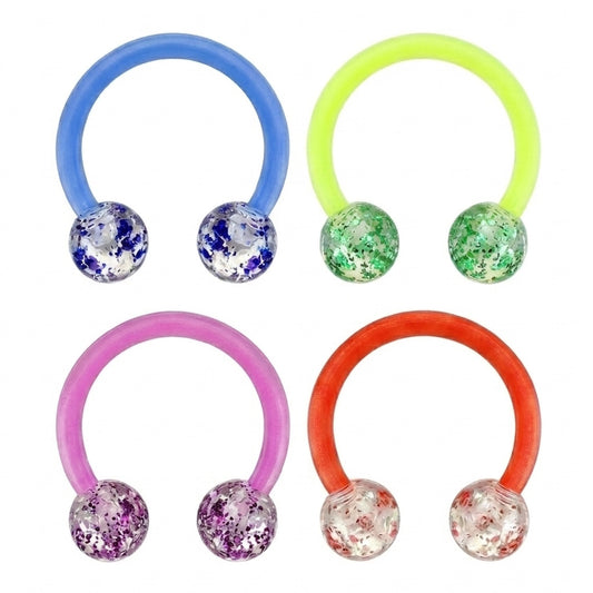 Acrylic Horseshoe Septum Ring 16G with Glitter Balls Circular Barbell Blue Green Purple Red on white background.