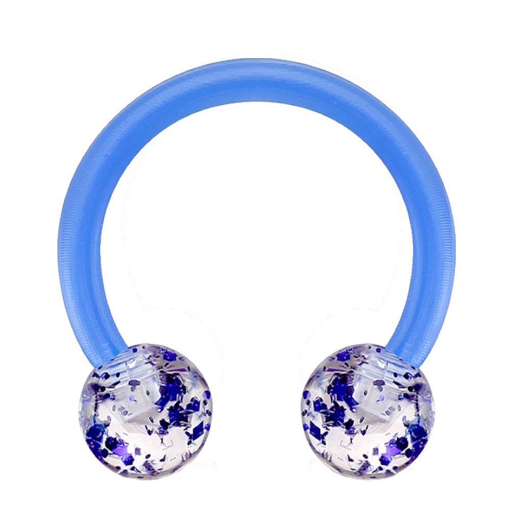 Acrylic Horseshoe Septum Ring 16G with Glitter Balls Circular Barbell Blue on white background.