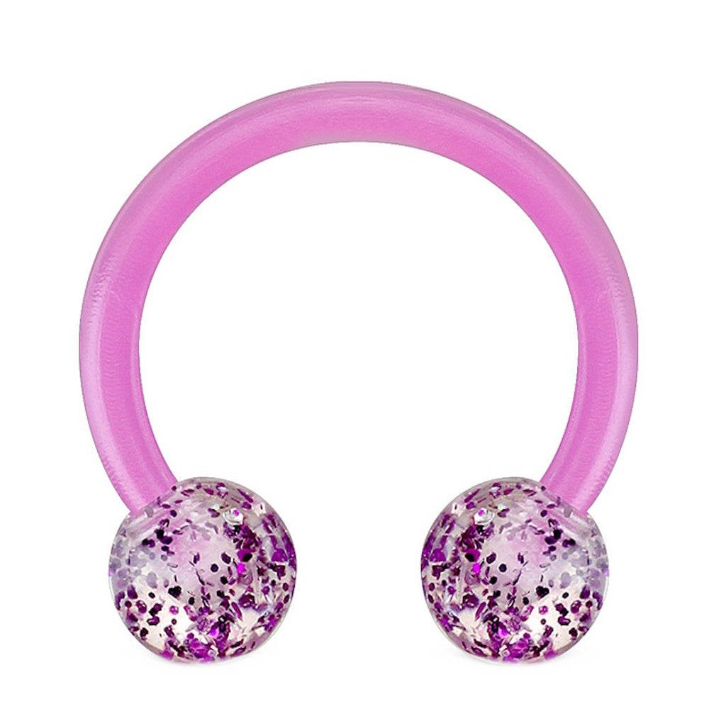 Acrylic Horseshoe Septum Ring 16G with Glitter Balls Circular Barbell in Purple pictured against a white background.