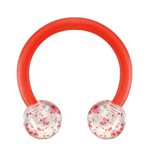 A glitter red septum ring pictured on a white wavy background with black text stating the size of this piece of septum jewelry.