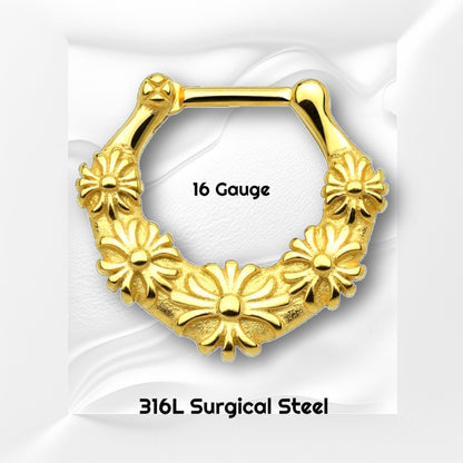 Floral Septum Clicker 16 Gauge Gold Plating Over 316L Surgical Steel info graphic with the size and material in black text.