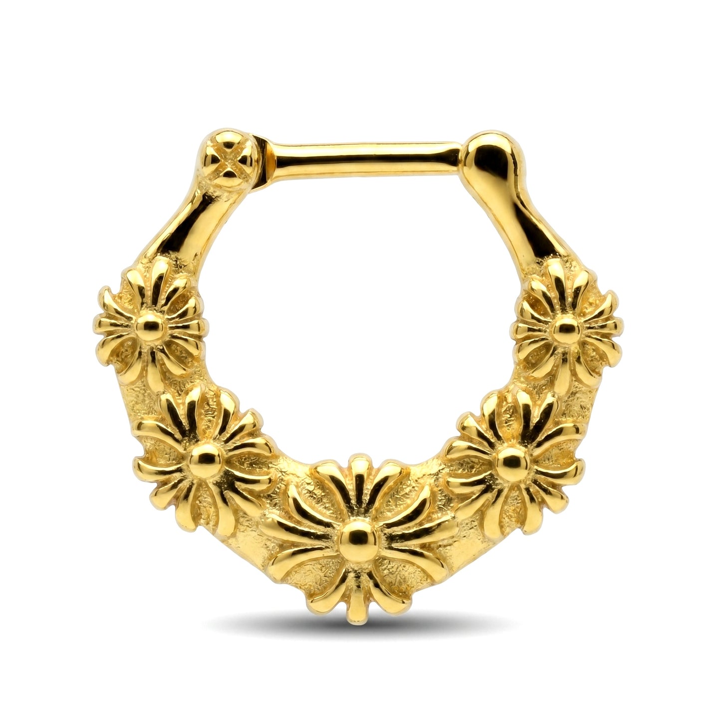 Floral Septum Clicker 16 Gauge Gold Plating Over 316L Surgical Steel pictured against a white background.