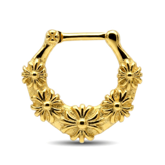 Floral Septum Clicker 16 Gauge Gold Plating Over 316L Surgical Steel pictured against a white background.