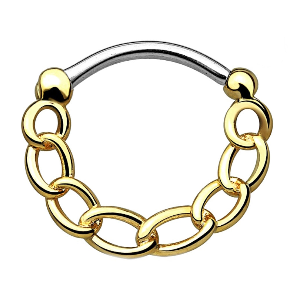 Gold chain septum clicker on a white background.