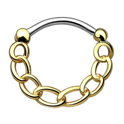 Gold chain septum clicker on a white background.
