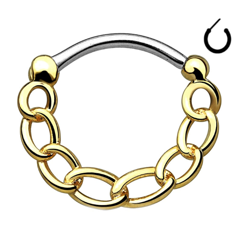 A gold plated chain septum ring pictured against a white background.