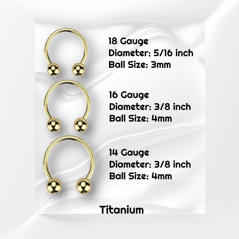 Three sizes of gold plated septum rings pictured on a white wavy background with black text stating the sizes of the septum jewelry.