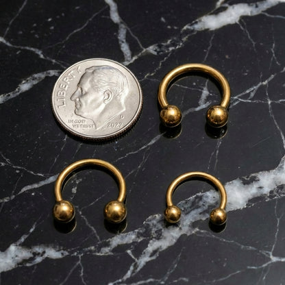 Gold Titanium Septum Ring ASTM F136 Internally Threaded 18G 16G 14G next to a dime for size comparison on a black marble countertop.