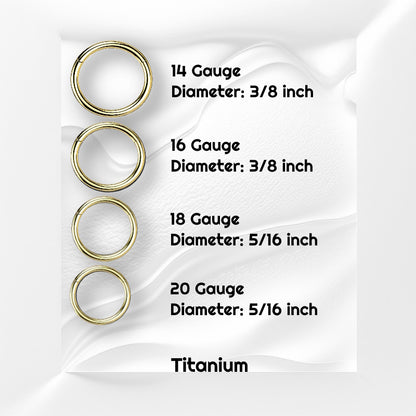 Four sizes of gold titanium septum rings pictured on a white wavy background with black text stating the sizes of the septum jewelry.