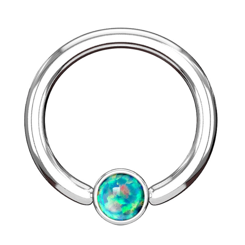 A green opal septum ring featuring a hoop with a captive cylinder shape opal design pictured against a white background.