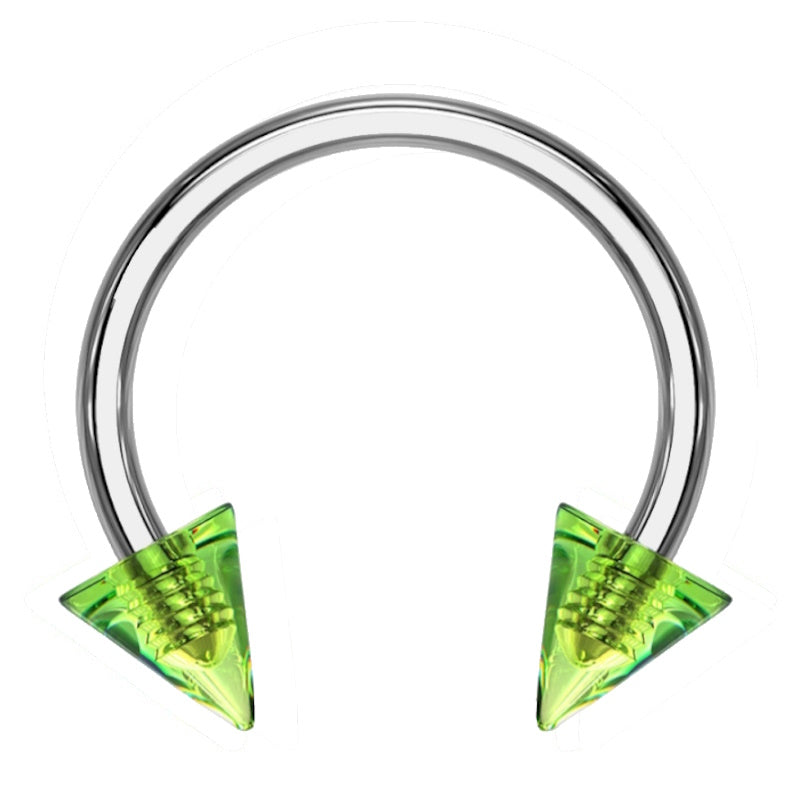 A green spike septum ring with a horseshoe design and an acrylic green spike on each end of the horseshoe pictured against a white background.