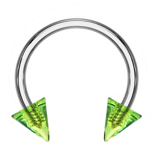 A green spike septum ring with a horseshoe design and an acrylic green spike on each end of the horseshoe pictured against a white background.