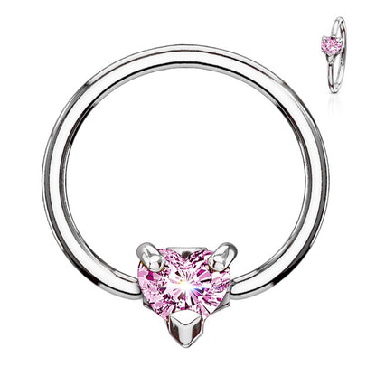 Heart CZ Captive Bead Septum Ring 16 Gauge 316L Surgical Steel with a pink cubic zirconia pictured against a white background.