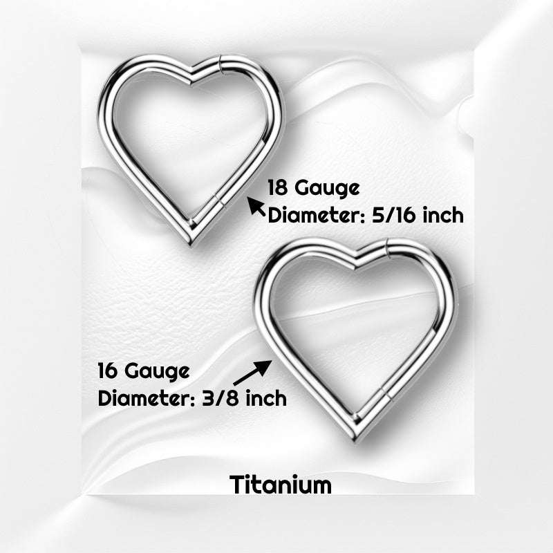 Two sizes of heart shaped septum rings pictured on a white wavy background with black text stating the sizes of the septum jewelry.