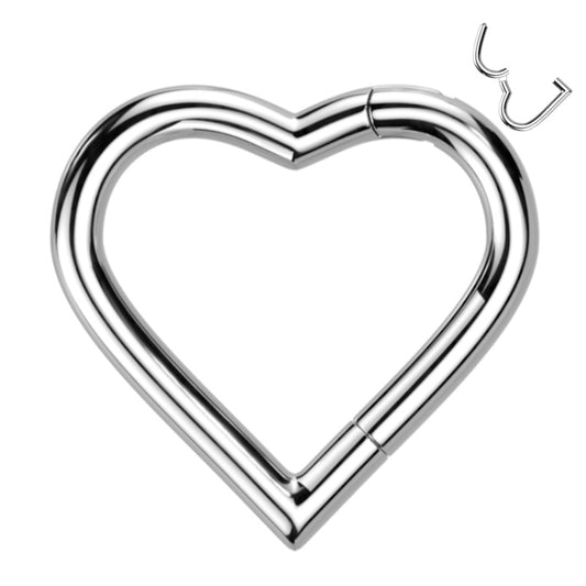 A titanium heart shaped septum ring pictured against a white background.