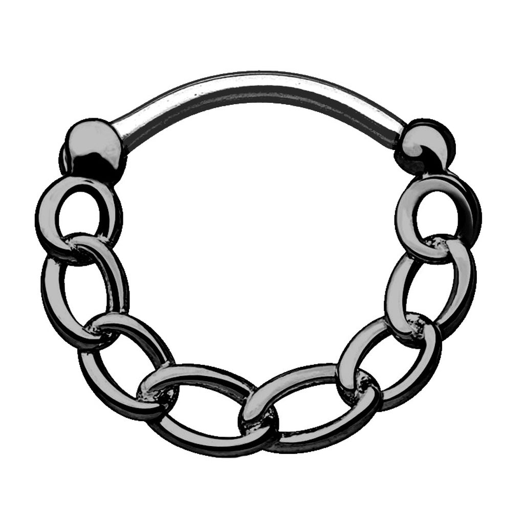 Hematite chain-link design septum clicker on a white background.