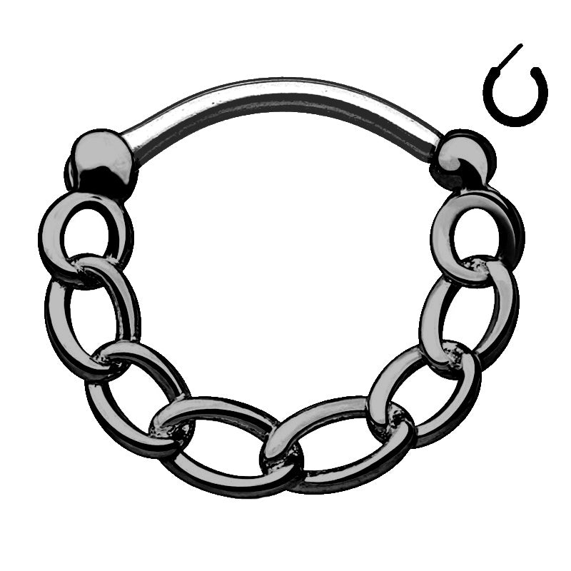 A hematite chain septum ring pictured against a white background.