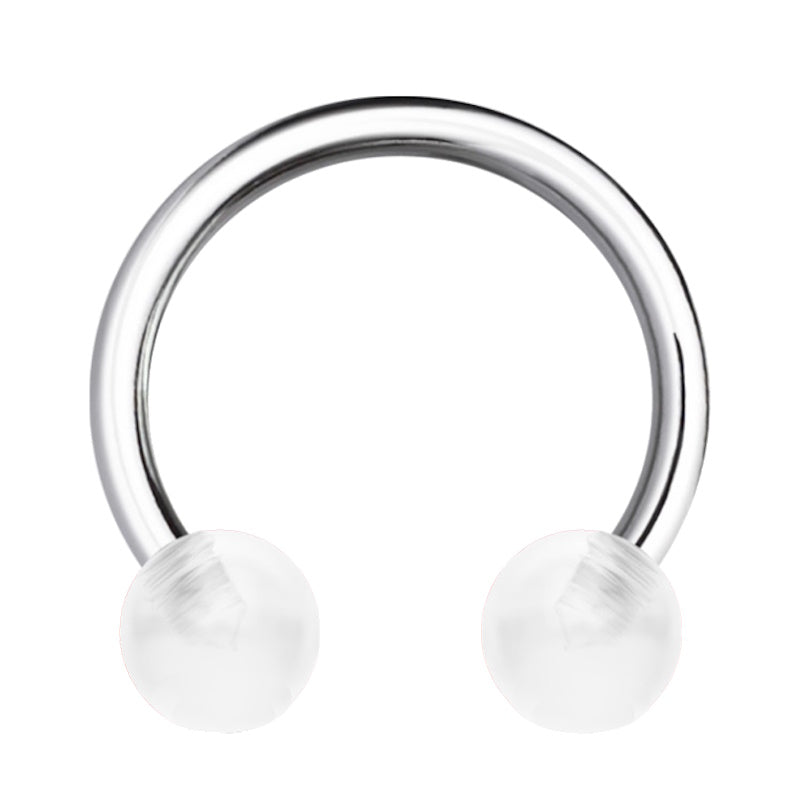 A horseshoe septum nose ring with a circular barbell design featuring a clear acrylic ball on each end pictured against a white background.