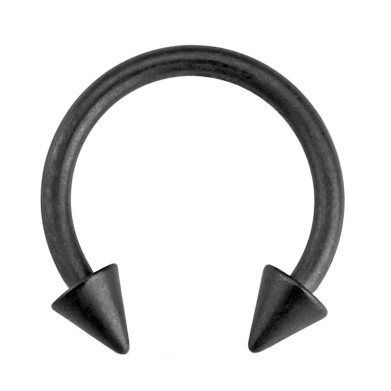 A matte black septum ring crafted with surgical steel featuring spikes on each end of a horseshoe ring pictured against a white background.