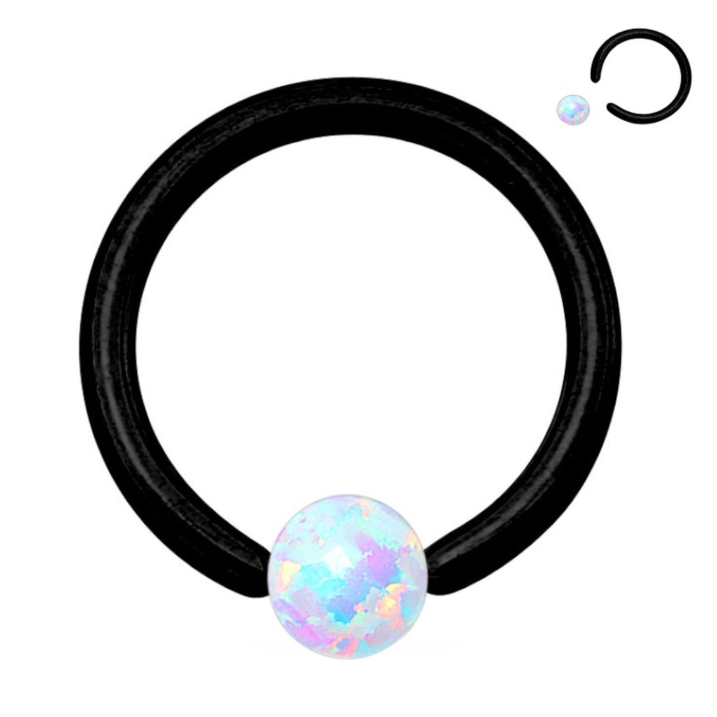Opal Captive Bead Septum Ring 16 Gauge 316L Surgical Steel Black, pictured against a white background.