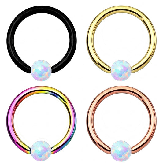Opal Captive Bead Septum Ring 16 Gauge 316L Surgical Steel Black, Gold, Rainbow, Rose Gold on a white background.