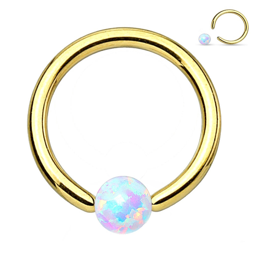 Opal Captive Bead Septum Ring 16 Gauge 316L Surgical Steel Gold, pictured against a white background.