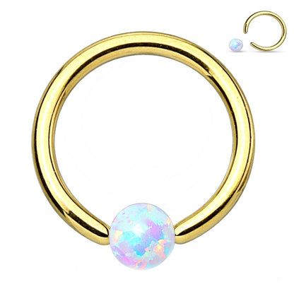 Opal Captive Bead Septum Ring 16 Gauge 316L Surgical Steel Gold, pictured against a white background.