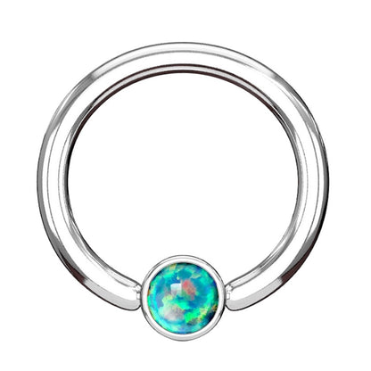 Opal Captive Septum Ring 16 Gauge 316L Surgical Steel 3mm Synthetic Opal in green pictured against a white background.
