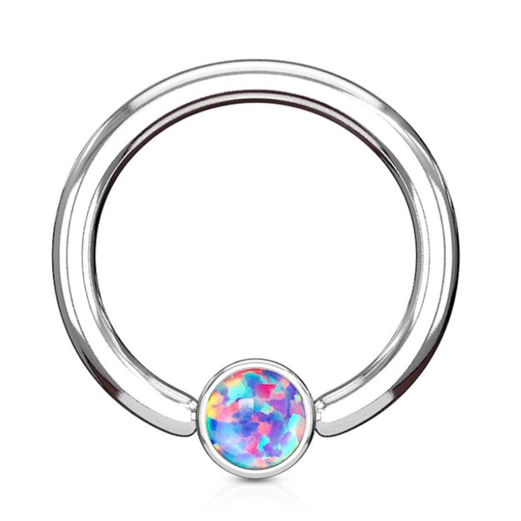 Opal Captive Septum Ring 16 Gauge 316L Surgical Steel 3mm Synthetic Opal in purple pictured against a white background.
