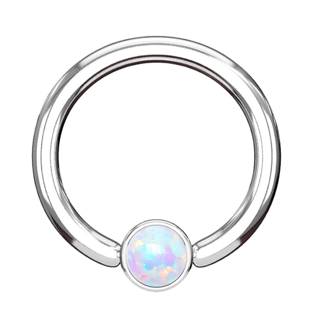 Opal Captive Septum Ring 16 Gauge 316L Surgical Steel 3mm Synthetic Opal in white pictured against a white background.