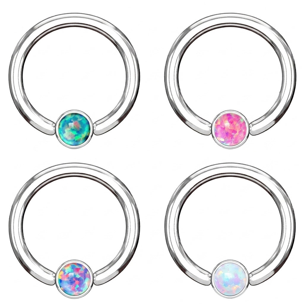 Opal Captive Septum Ring 16 Gauge 316L Surgical Steel 3mm Synthetic Opal in green, pink, purple, and white pictured against a white background.