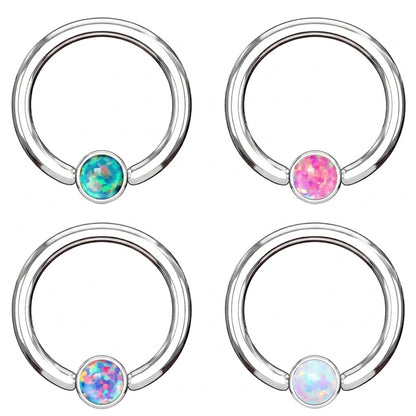 Opal Captive Septum Ring 16 Gauge 316L Surgical Steel 3mm Synthetic Opal in green, pink, purple, and white pictured against a white background.
