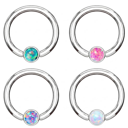 Opal Captive Septum Ring 16 Gauge 316L Surgical Steel 3mm Synthetic Opal in green, pink, purple, and white pictured against a white background.
