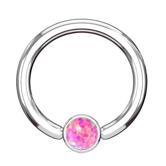 A pink opal septum ring featuring a hoop with a captive cylinder shape opal design pictured against a white background.