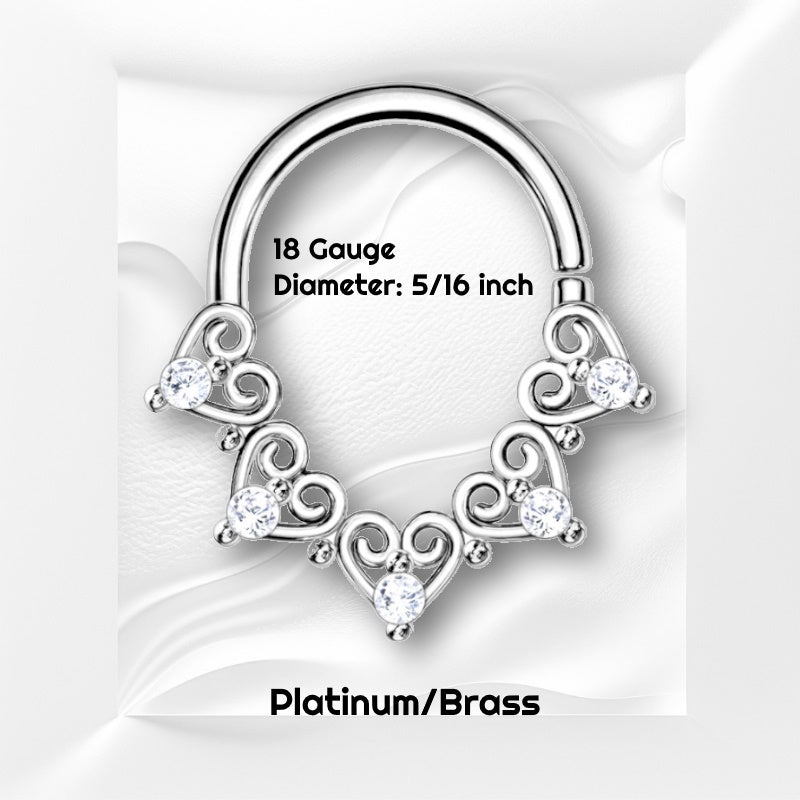 A platinum 18 gauge septum ring pictured on a white wavy background with black text stating the size of the piece of septum jewelry.