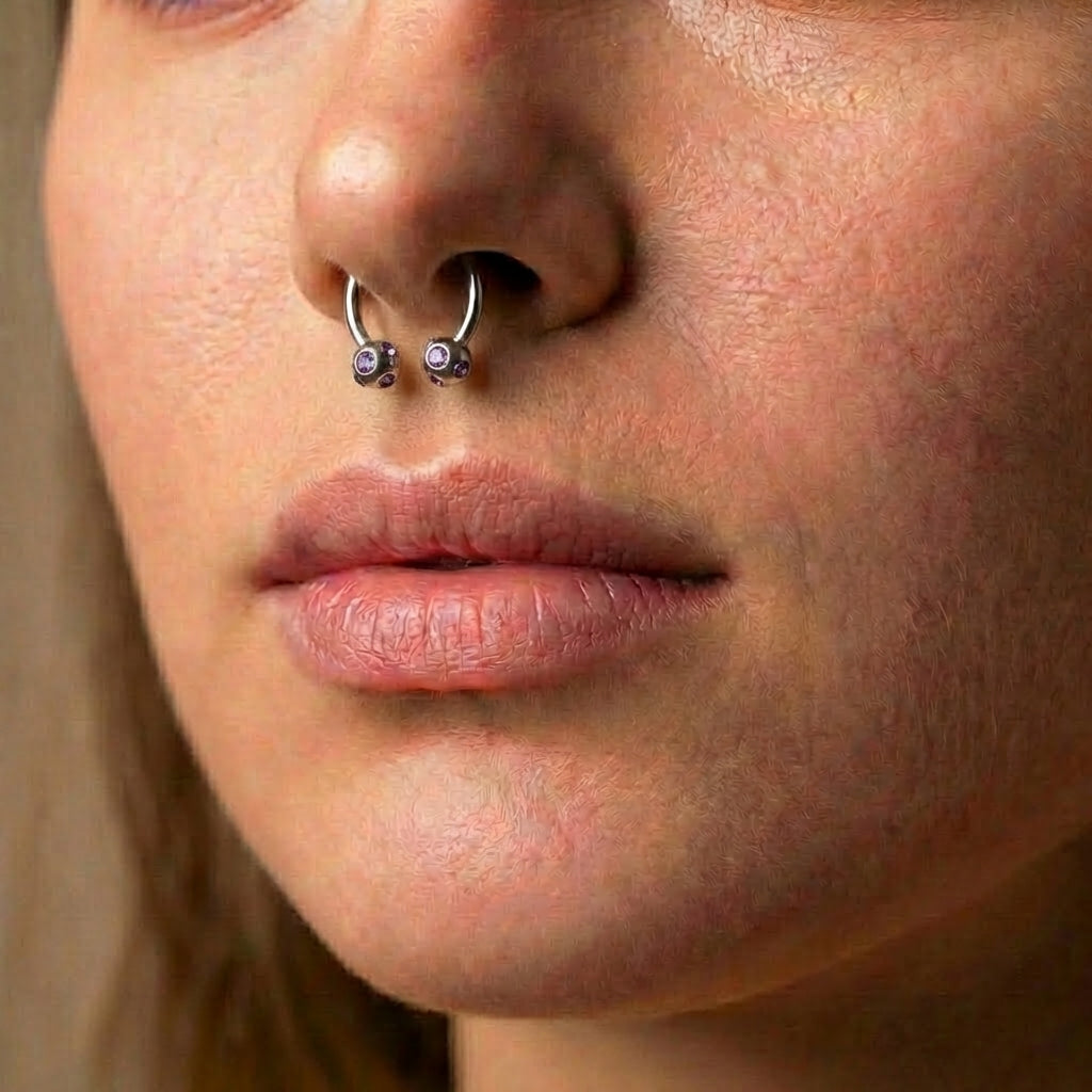 Purple gem septum ring pictured in the septum piercing of a female model.