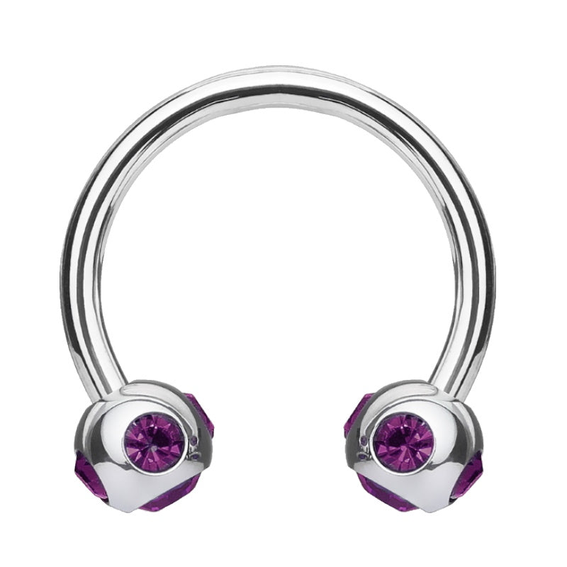 A purple gem septum ring in a horseshoe design with purple gems in the balls on each end of the horseshoe pictured against a white background.