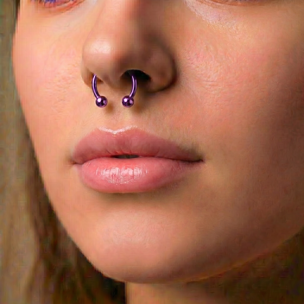 Titanium Horseshoe Septum Ring 16G Internally Threaded Purple on female model.