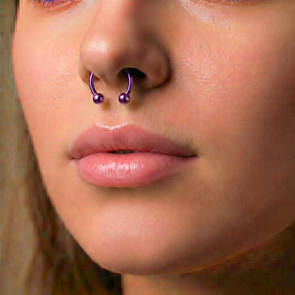 Titanium Horseshoe Septum Ring 16G Internally Threaded Purple on female model.