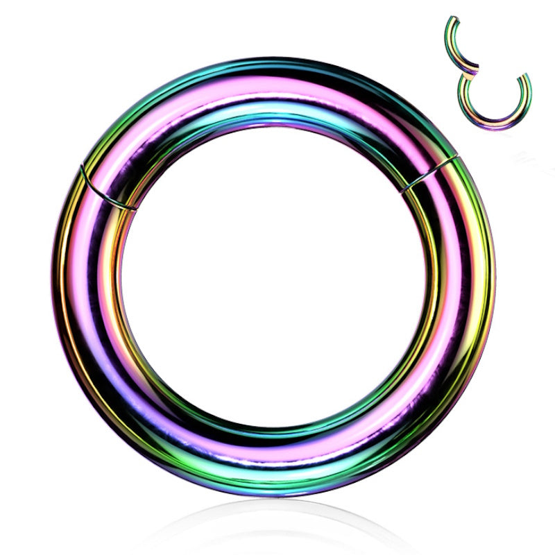 A rainbow 2g septum ring featuring a rainbow plating over a surgical steel body with a septum clicker design pictured against a white background.