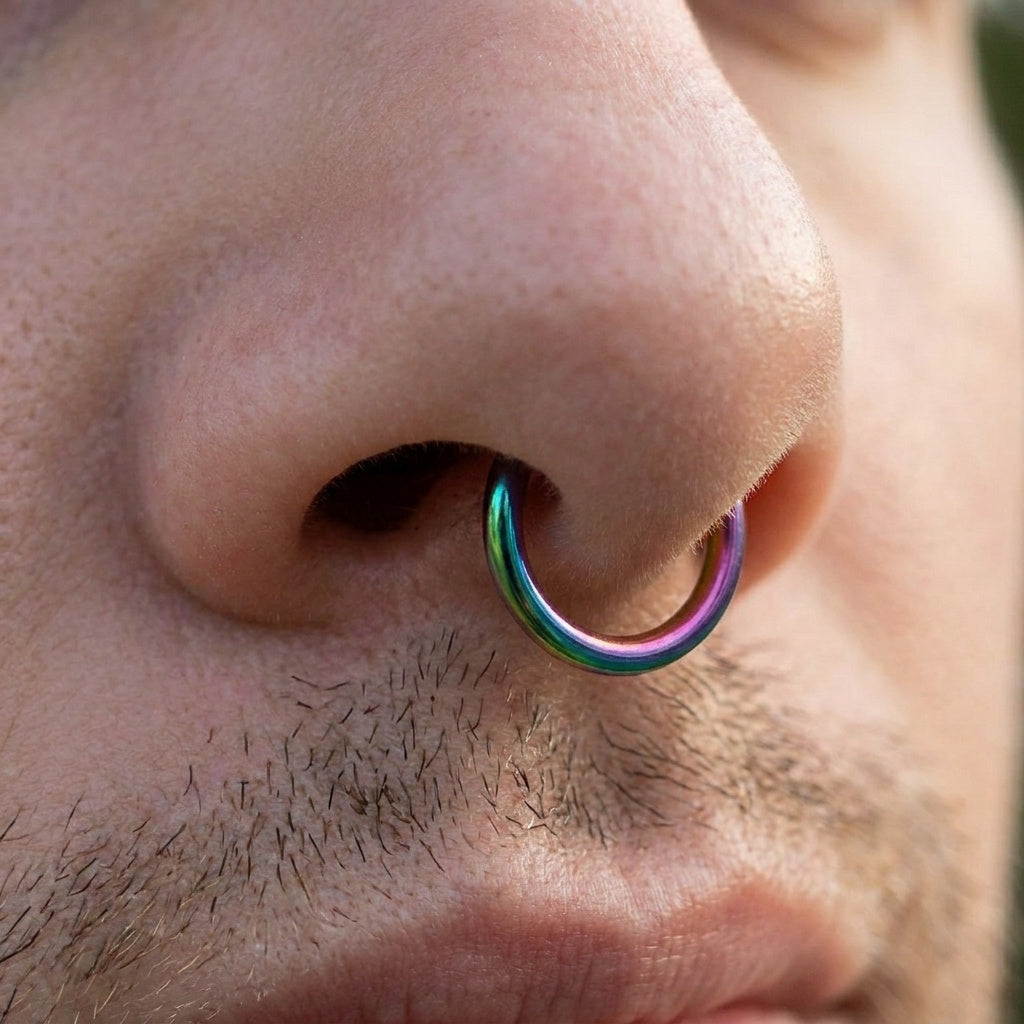 Rainbow Hinged Segment Ring 316L Surgical Steel pictured in the septum piercing of a male model.