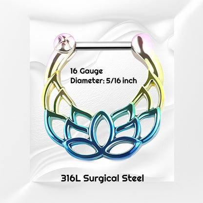 A rainbow lotus septum ring pictured against a white wavy background with black text stating the size of this rainbow septum clicker.