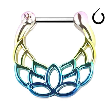 A rainbow lotus septum ring pictured against a white background.