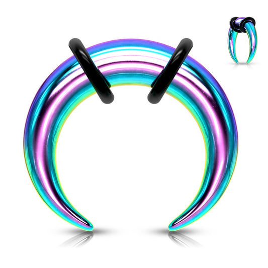 A rainbow pincher septum ring with 2 black o-rings pictured against a white background.