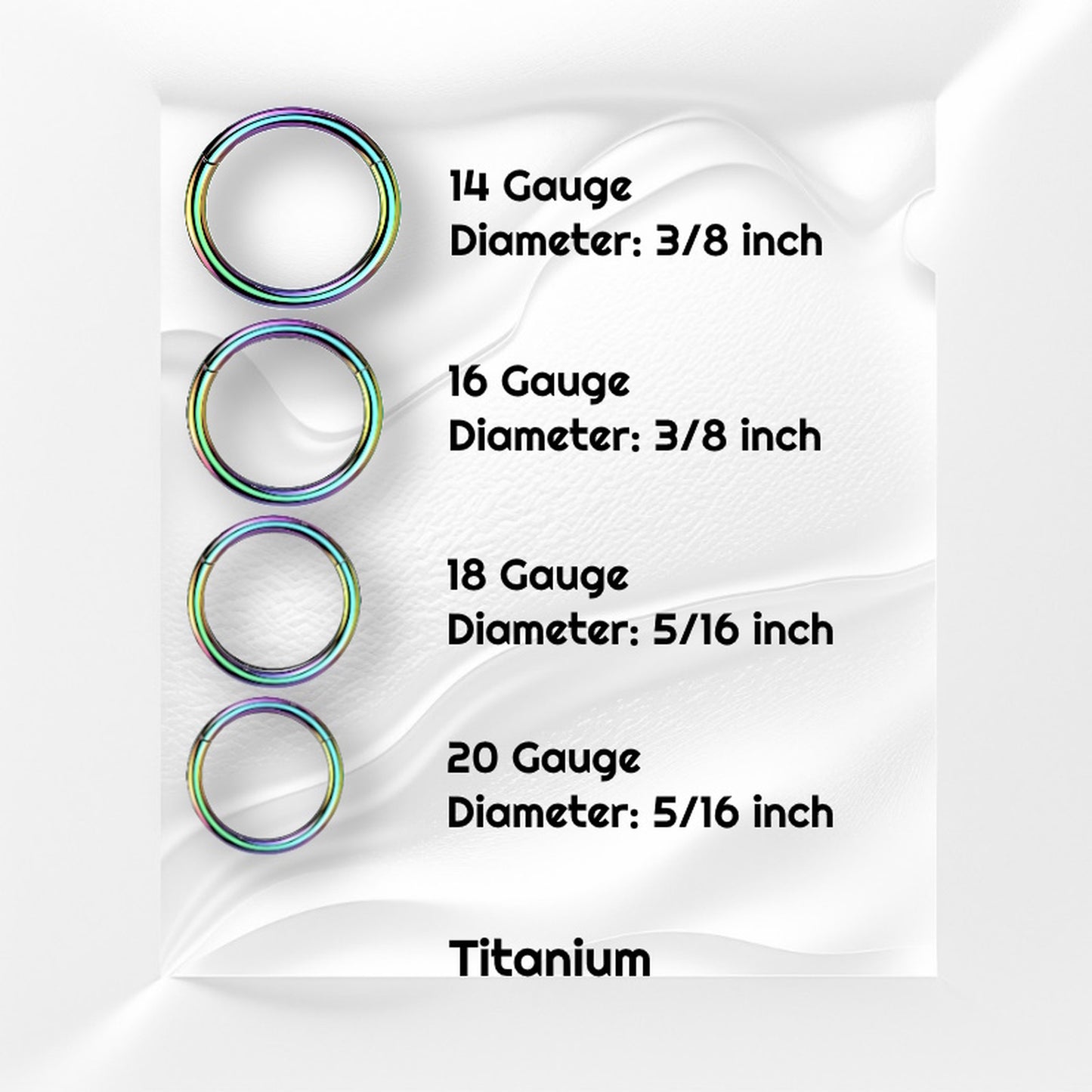 Rainbow Hinged Segment Septum Hoop ASTM F136 Titanium 14G 16G 18G 20G pictured on a gray wavy background with black text stating the sizes and material.